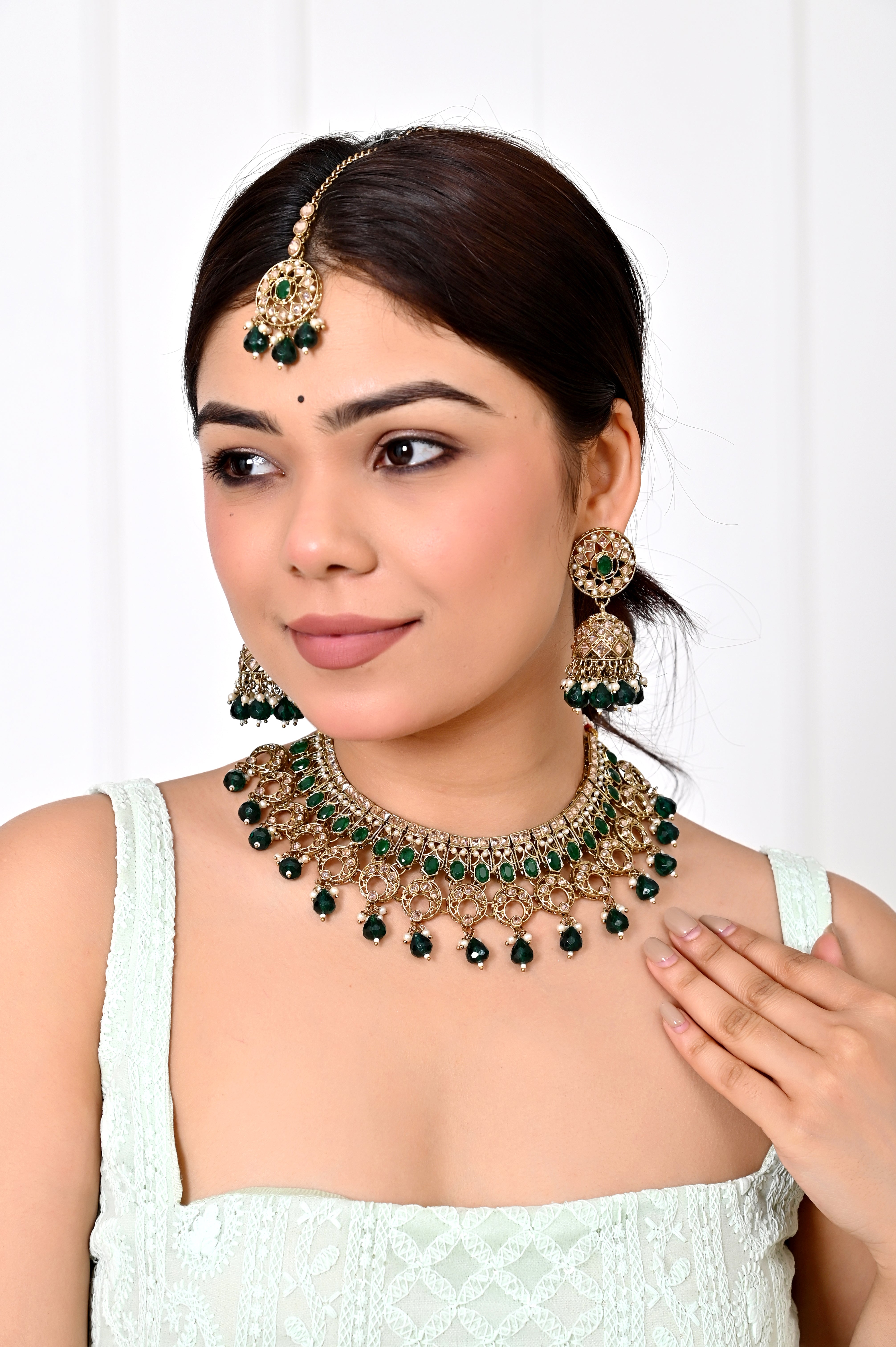 Emerald Green Polki Kundan Necklace Set with Jhumka Earrings and Maang Tikka Jewellery GetGlit
