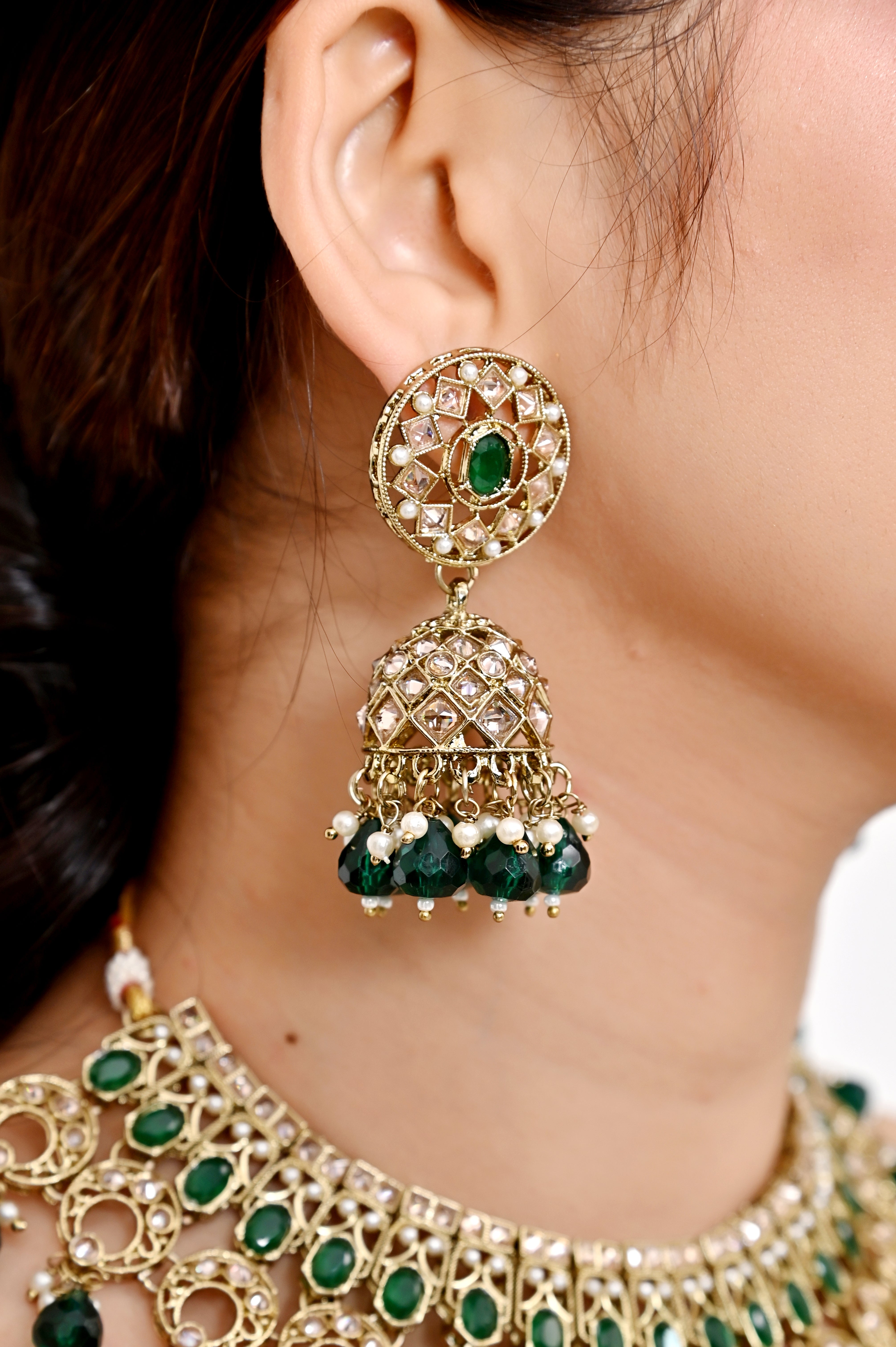 Emerald Green Polki Kundan Necklace Set with Jhumka Earrings and Maang Tikka Jewellery GetGlit