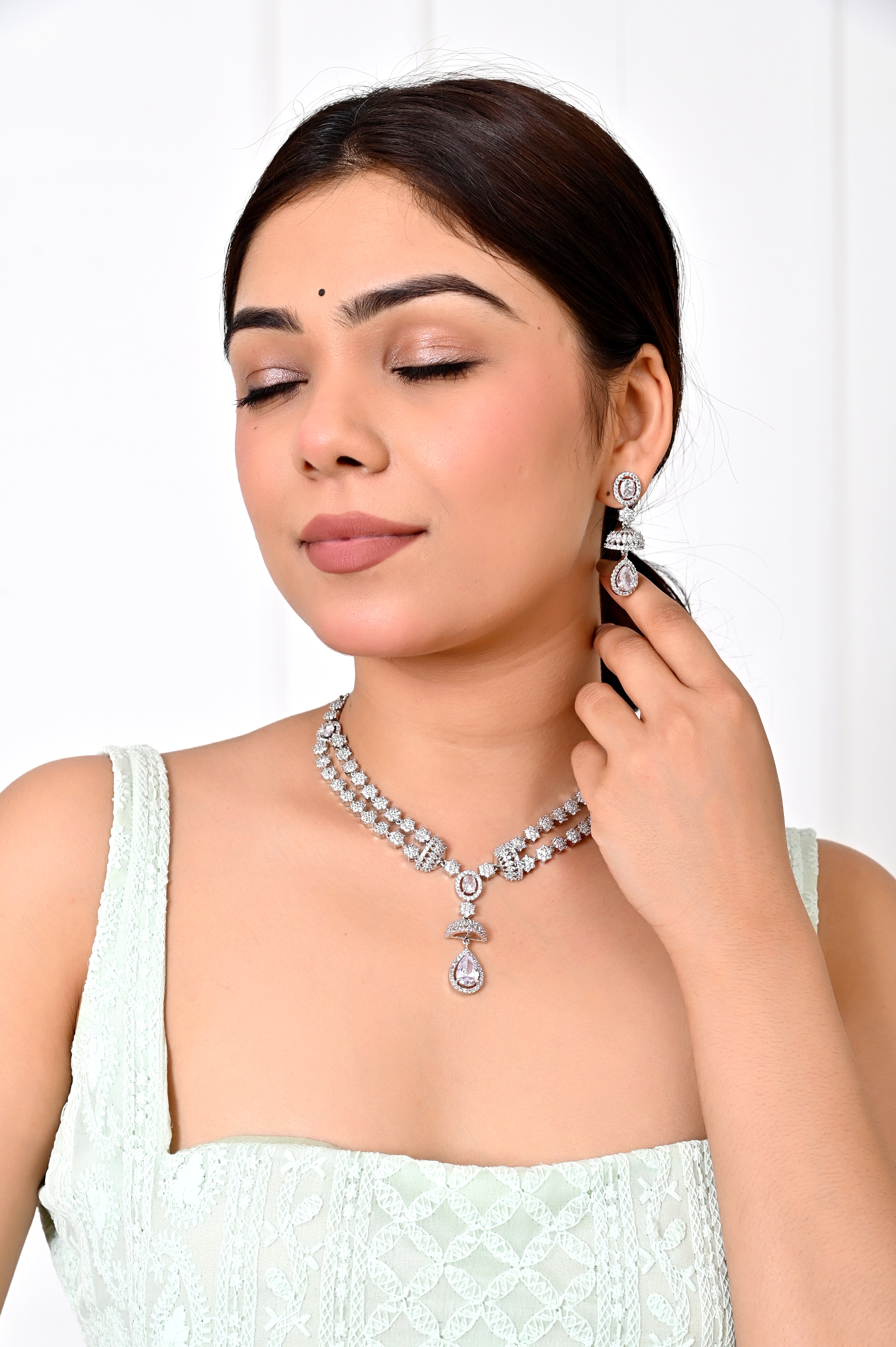 Elegant American Diamond White Crystal Necklace Set with Drop Pendant Jewellery GetGlit