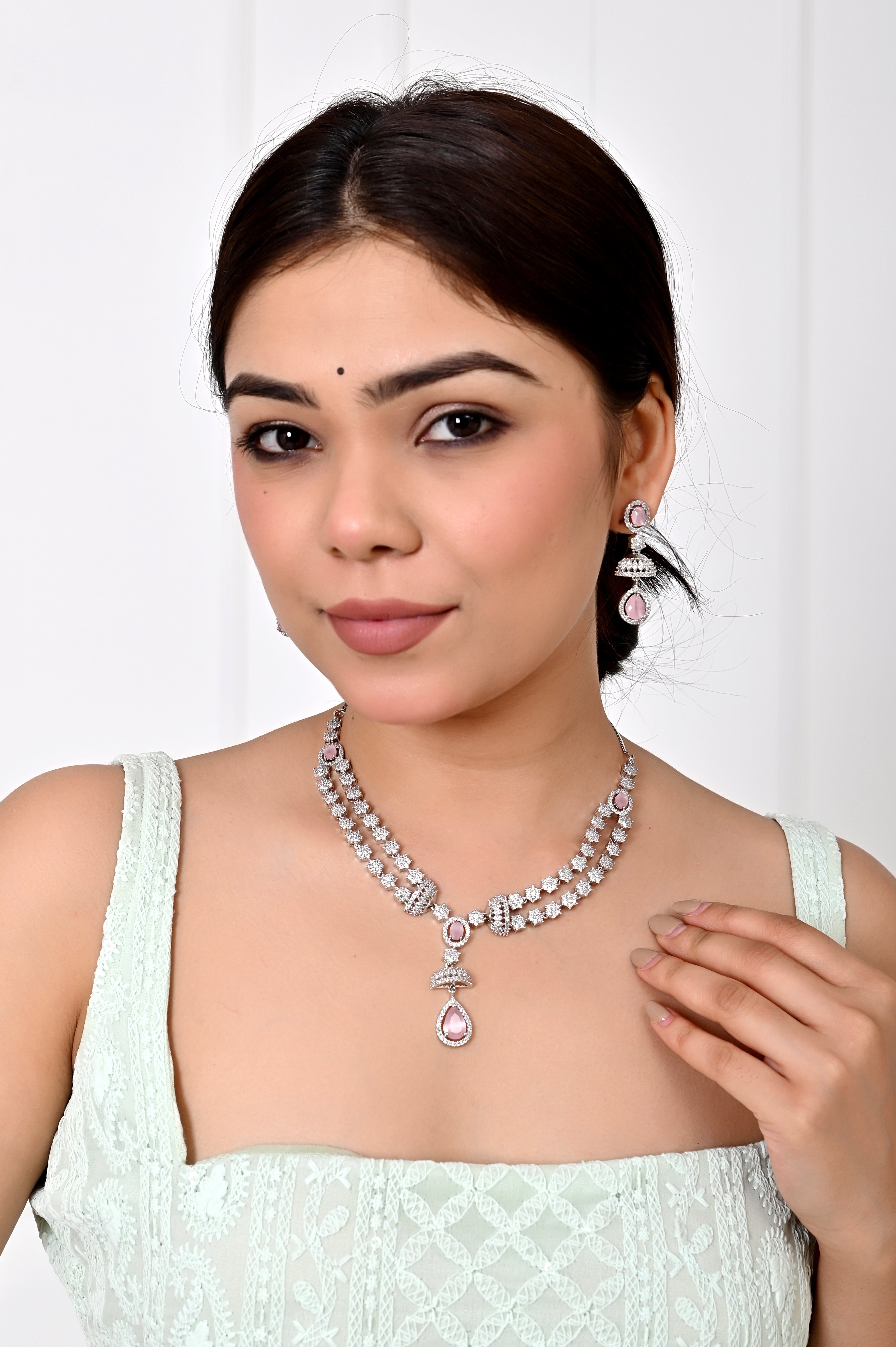 Elegant American Diamond Pink Crystal Necklace Set with Drop Pendant Jewellery GetGlit