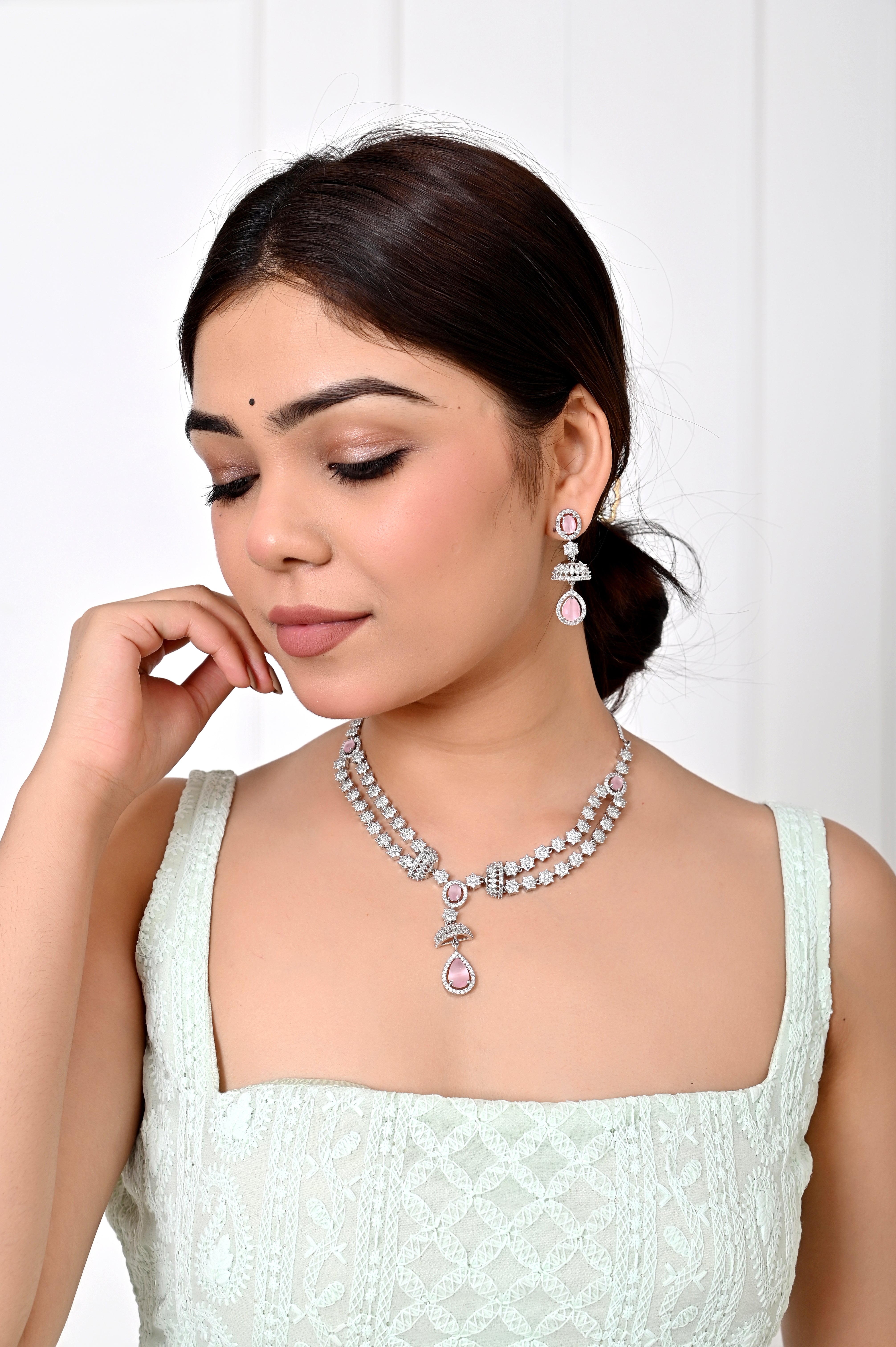 Elegant American Diamond Pink Crystal Necklace Set with Drop Pendant Jewellery GetGlit