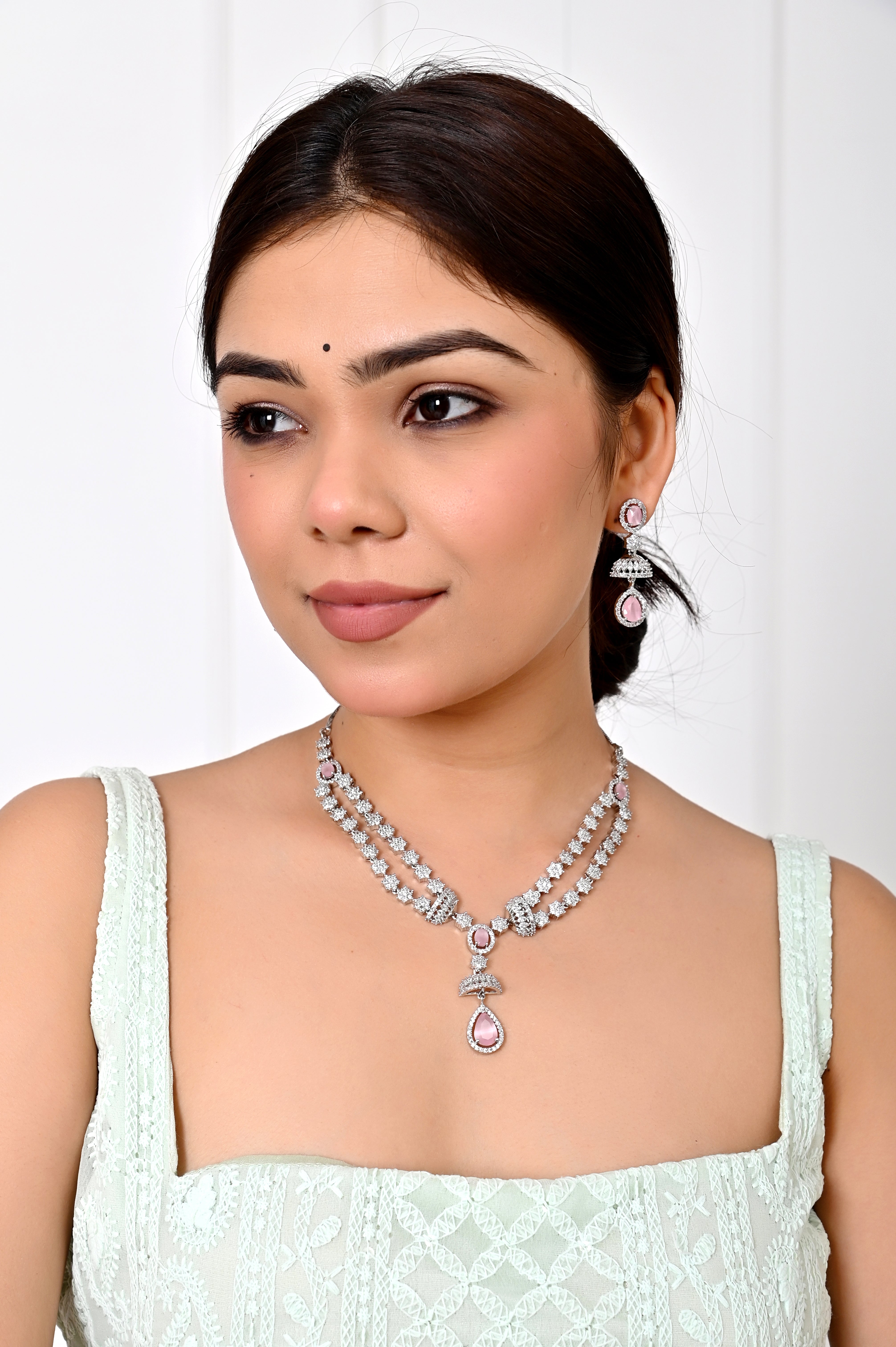 Elegant American Diamond Pink Crystal Necklace Set with Drop Pendant Jewellery GetGlit