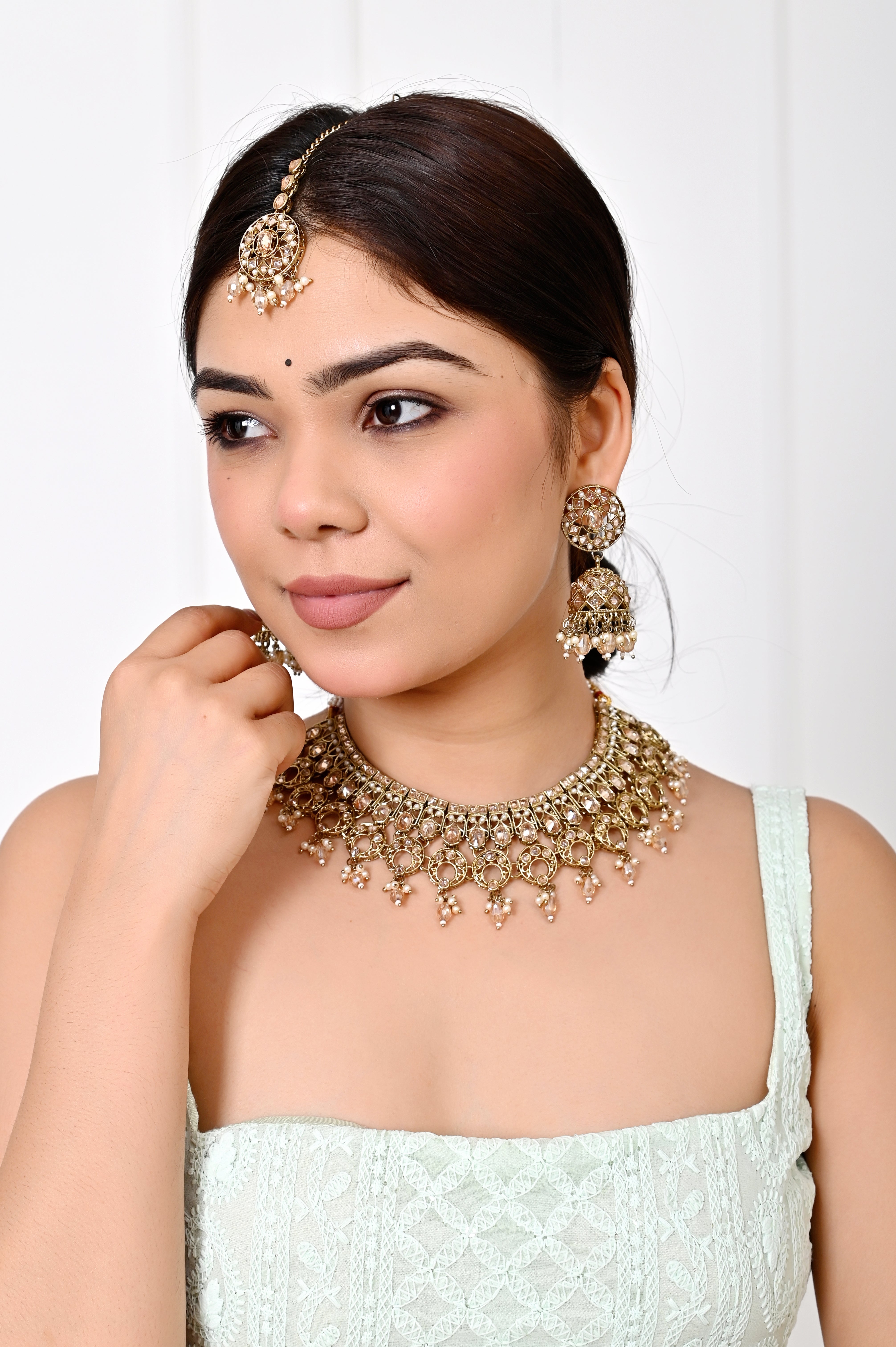 Gold Kundan Necklace Set with Jhumka Earrings & Maang Tikka Jewellery GetGlit