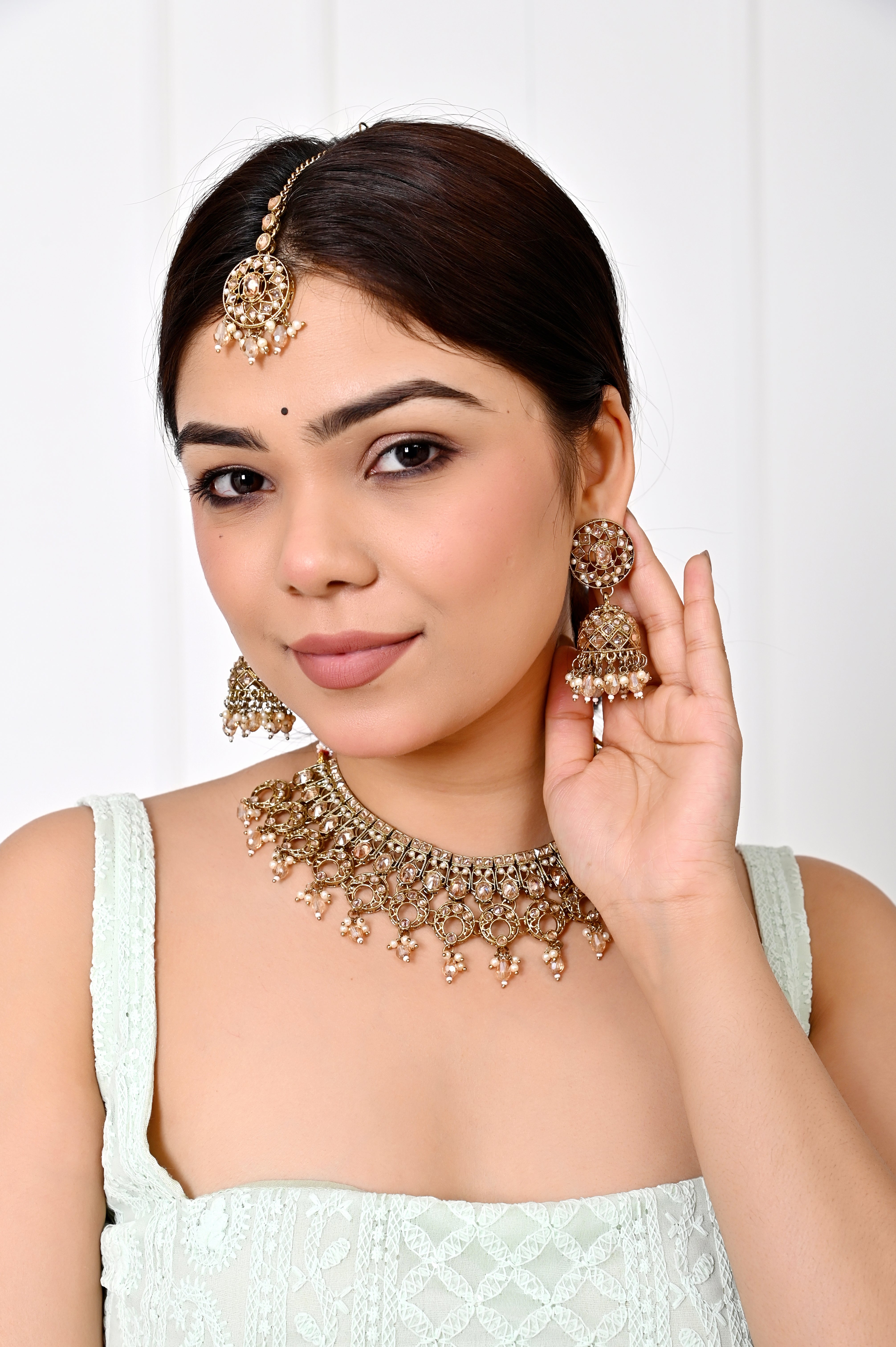 Gold Kundan Necklace Set with Jhumka Earrings & Maang Tikka Jewellery GetGlit