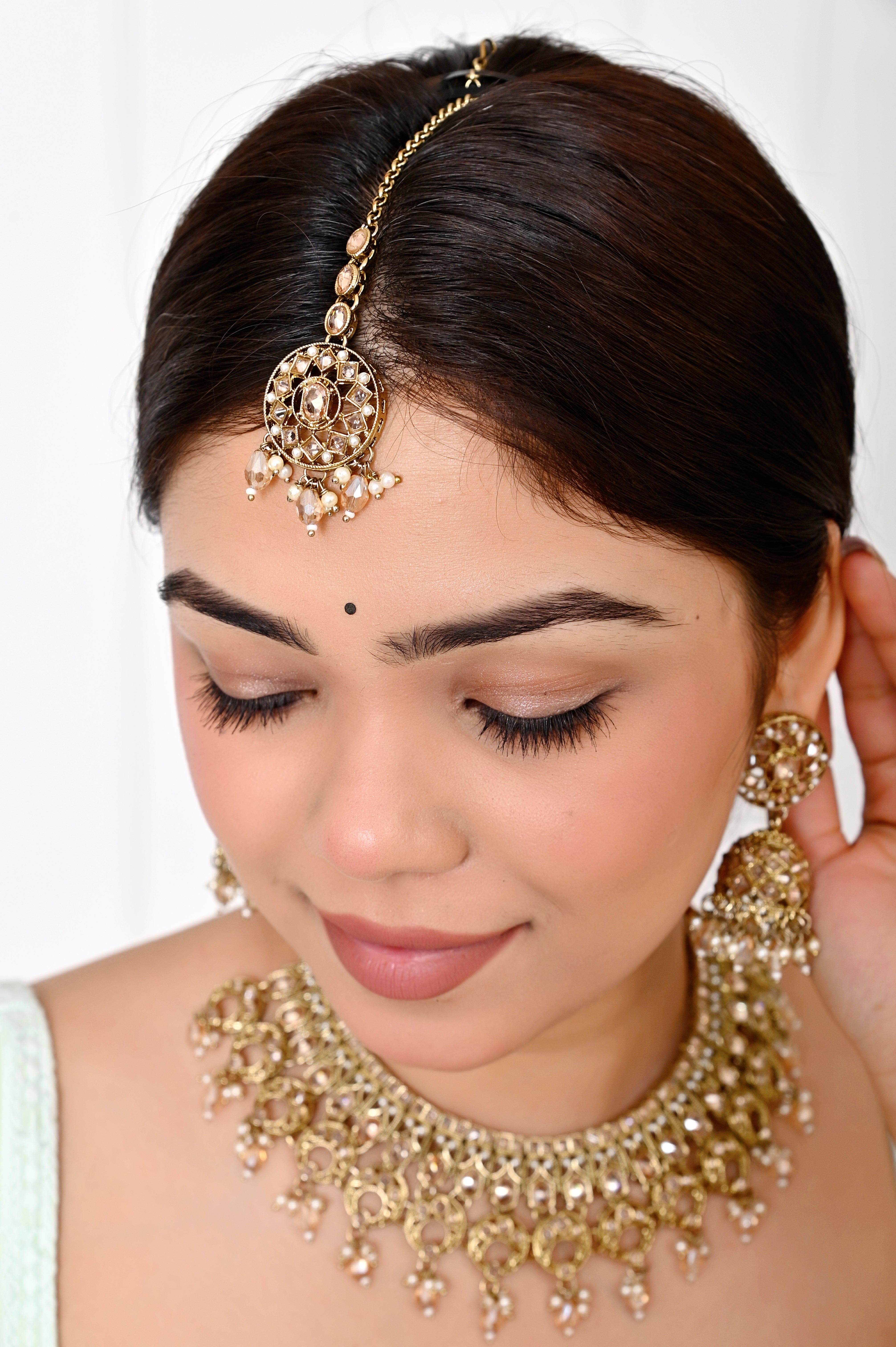 Gold Kundan Necklace Set with Jhumka Earrings & Maang Tikka Jewellery GetGlit
