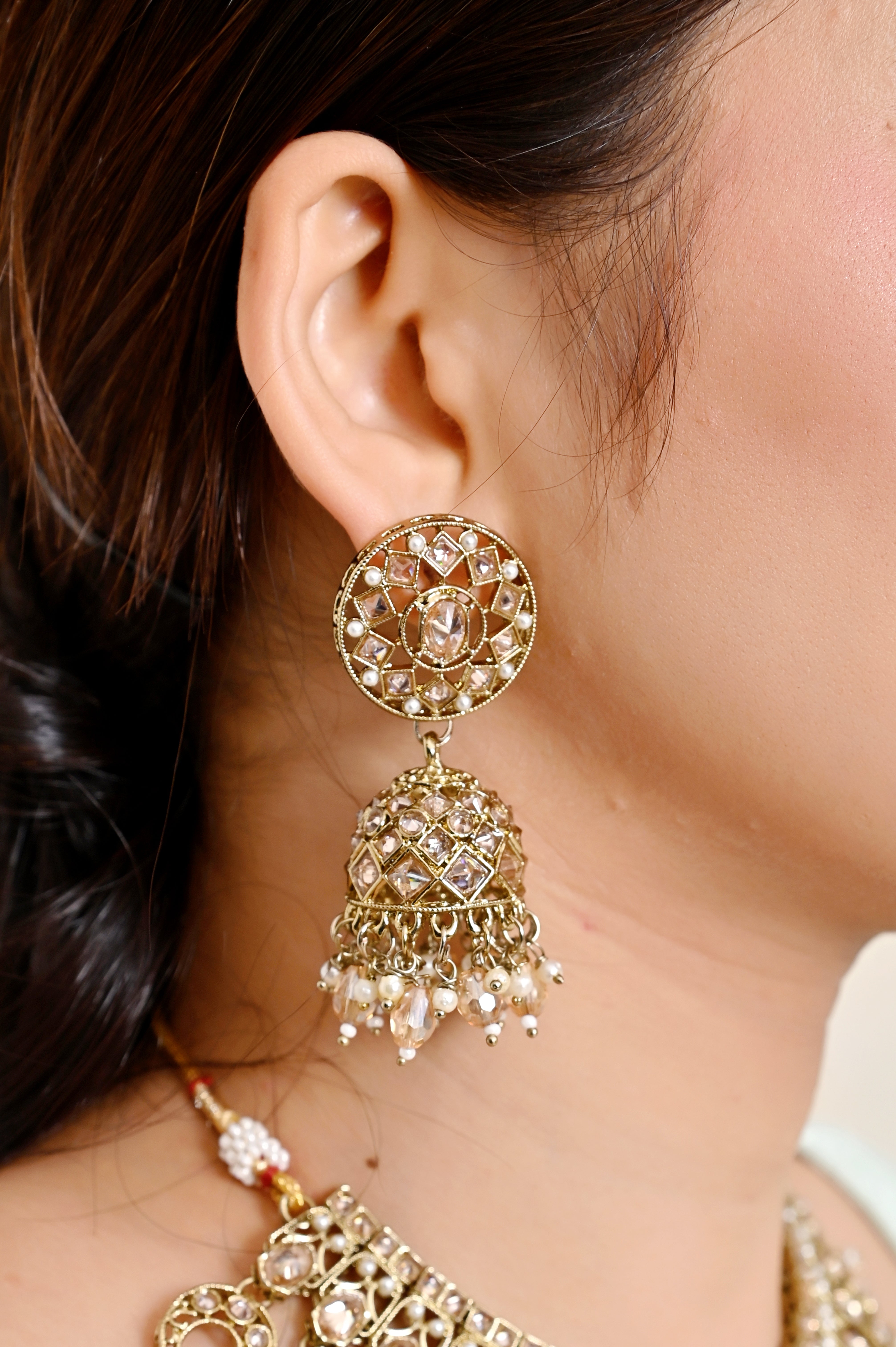 Gold Kundan Necklace Set with Jhumka Earrings & Maang Tikka Jewellery GetGlit