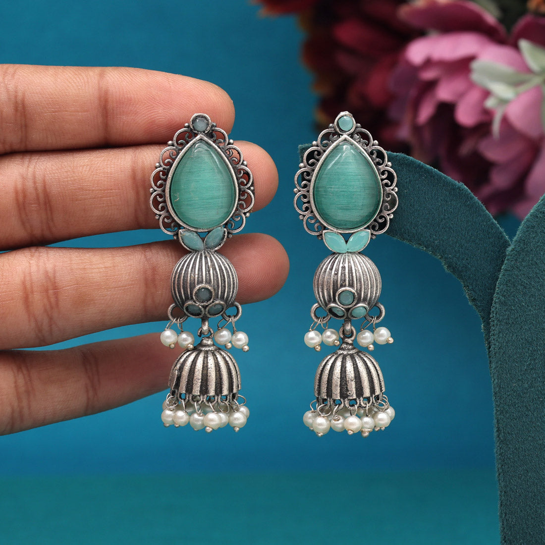 Pista Green Color Monalisa Stone Oxidised Earrings (GSE2958PGRN) Jewellery GetGlit