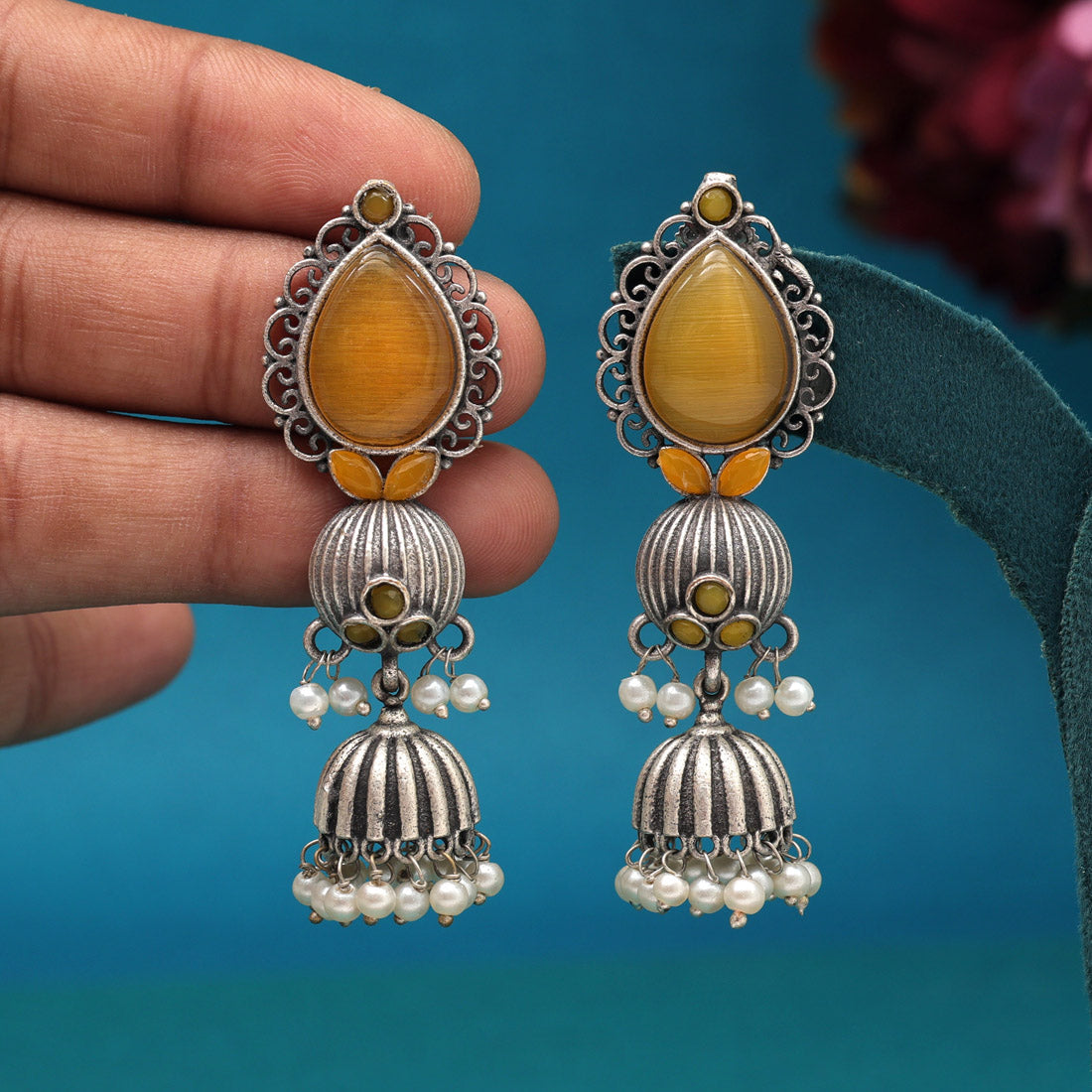 Yellow Color Monalisa Stone Oxidised Earrings (GSE2958YLW) Jewellery GetGlit