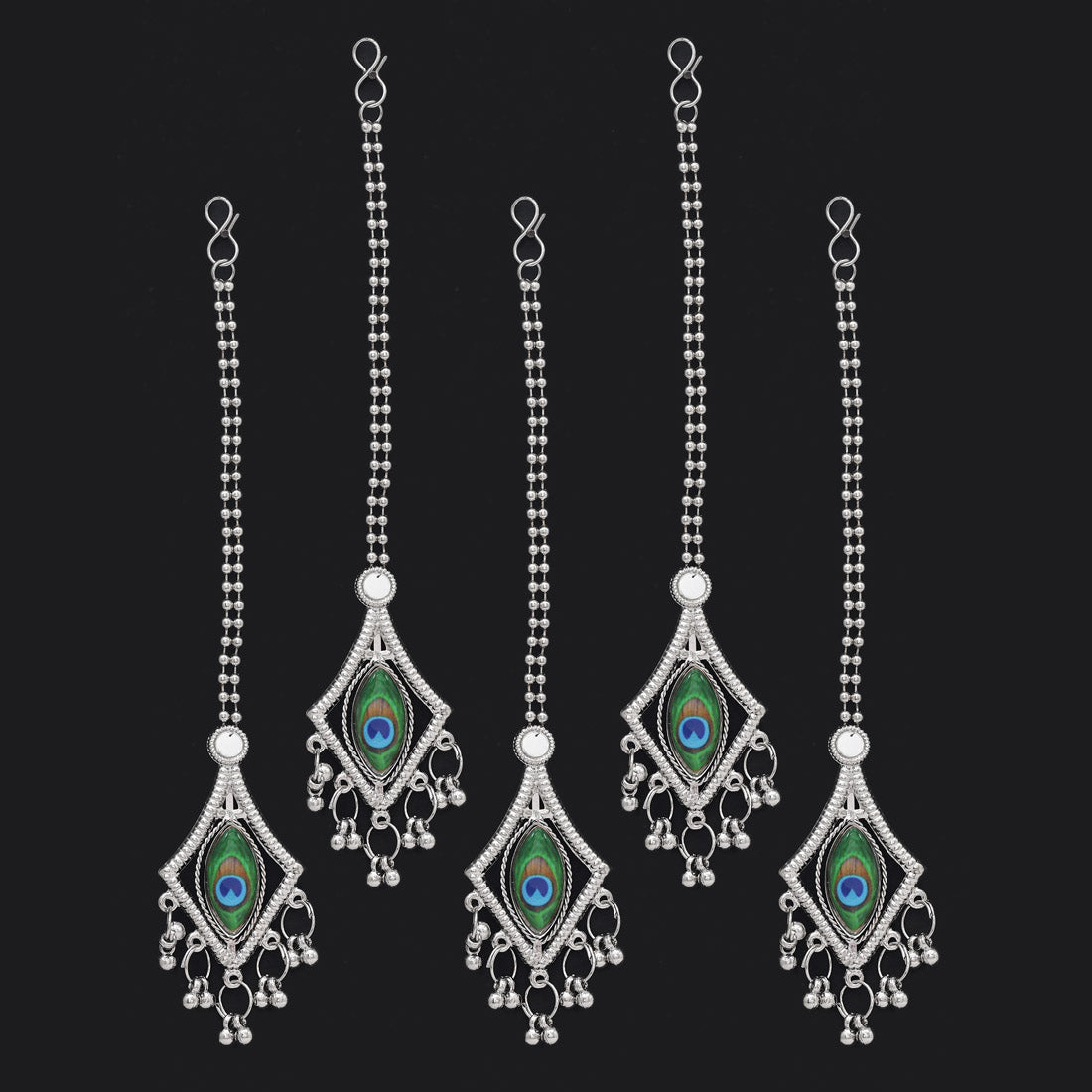 Silver Color Peacock Feather Oxidised Maang Tikka Combo Of 5 Pieces (GSMTK134CMB) Jewellery GetGlit