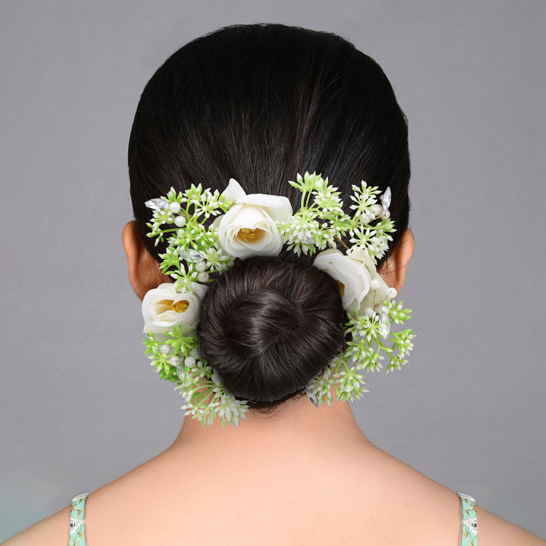 White Color Rose Flower Gajra For Women Hair Pin (HRP227WHT) Jewellery GetGlit