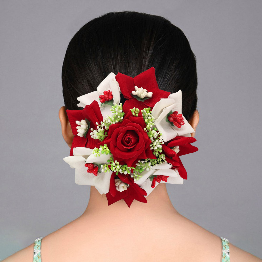 Maroon & White Color Rose Flower Hair juda//Bun (HRP271MRNWHT) Jewellery GetGlit