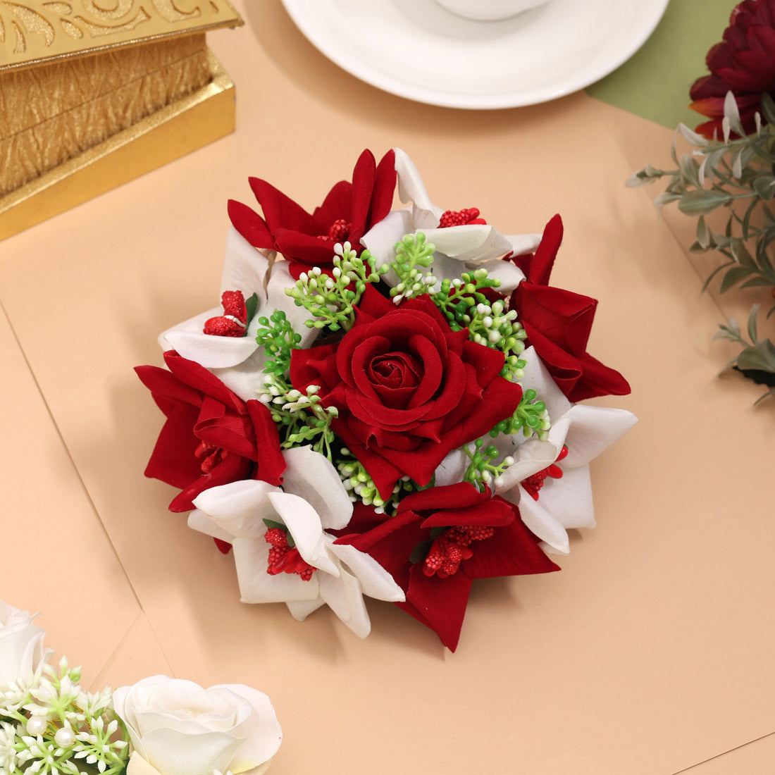 Maroon & White Color Rose Flower Hair juda//Bun (HRP272MRNWHT) Jewellery GetGlit