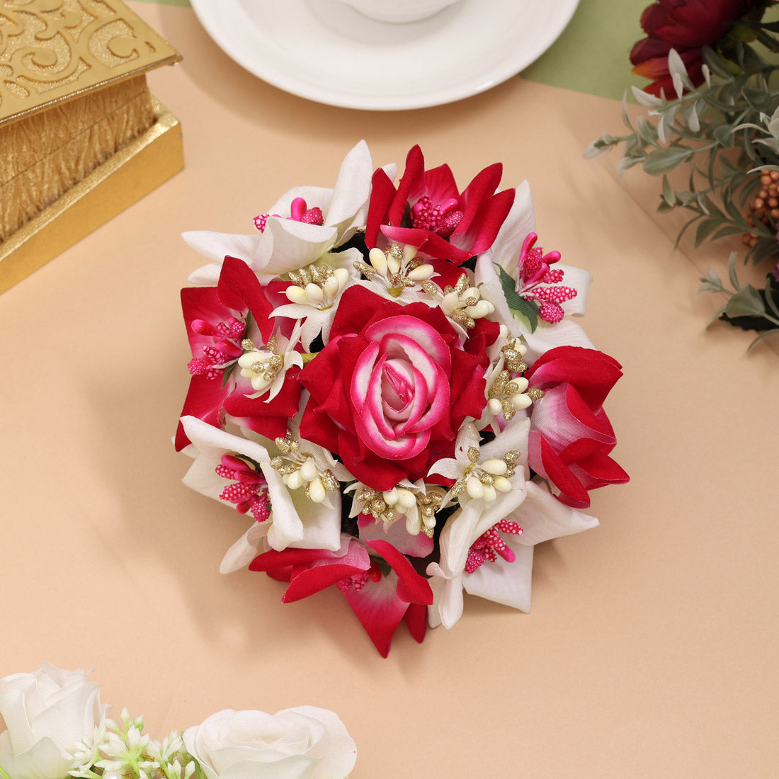 Rani & White Color Rose Flower Hair juda//Bun (HRP273RNIWHT) Jewellery GetGlit