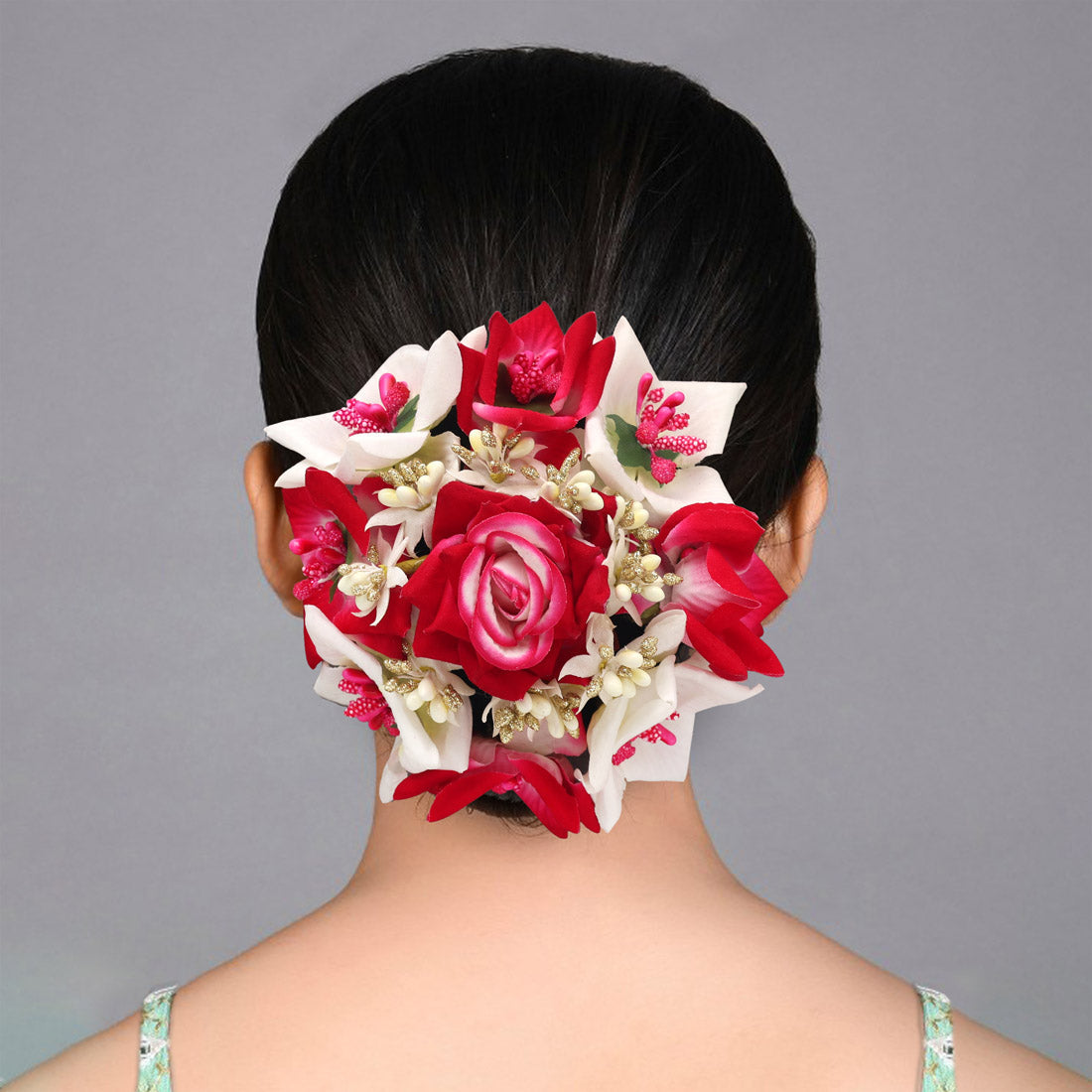Rani & White Color Rose Flower Hair juda//Bun (HRP273RNIWHT) Jewellery GetGlit
