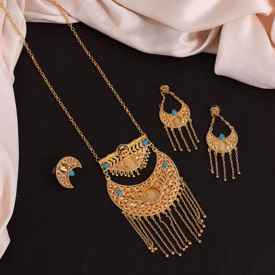 Firozi Color Gold Plated Necklace Set Jewellery GlitStudio