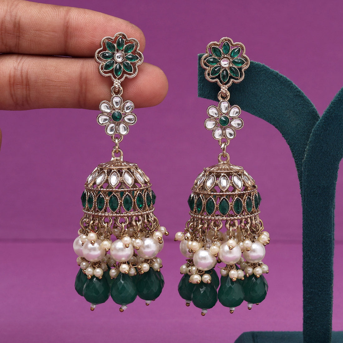 Green Color Kundan Earrings (KDE1000GRN) Jewellery GetGlit