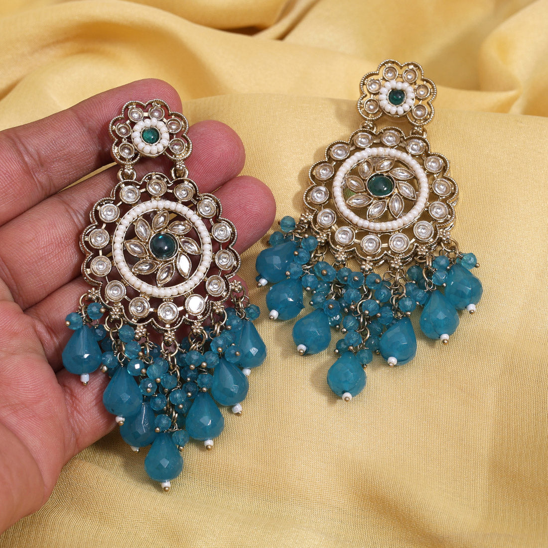 Turquoise Blue Color Kundan Earrings (KDE1002TBLU) Jewellery GetGlit