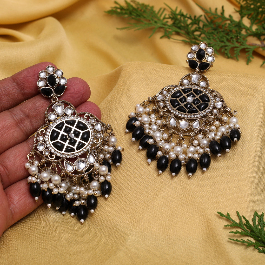 Black Color Kundan Earrings (KDE1003BLK) Jewellery GetGlit
