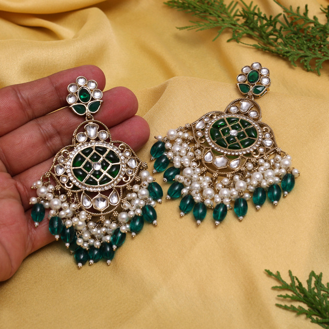 Green Color Kundan Earrings (KDE1003GRN) Jewellery GetGlit