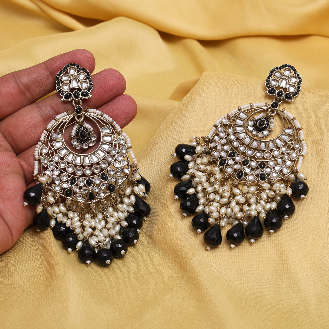 Black Color Kundan Earrings (KDE1006BLK) Jewellery GetGlit