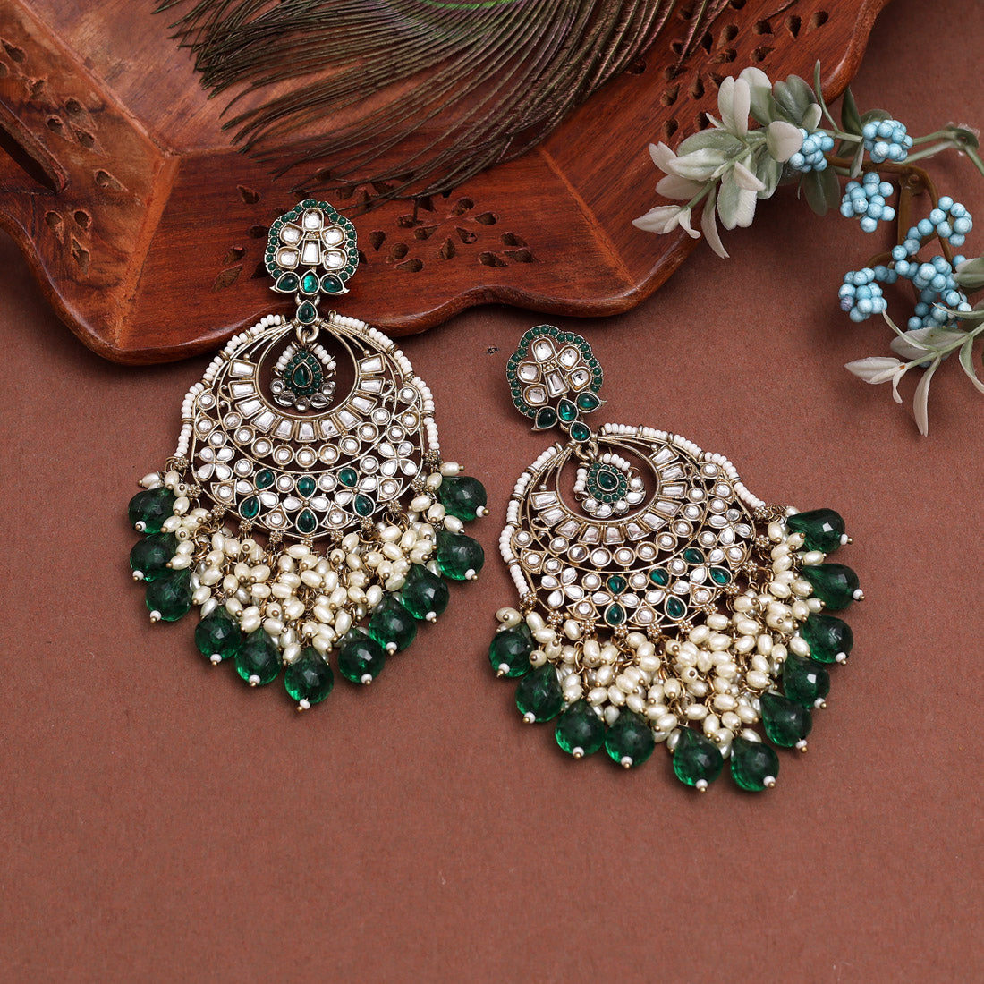 Green Color Kundan Earrings (KDE1006GRN) Jewellery GetGlit