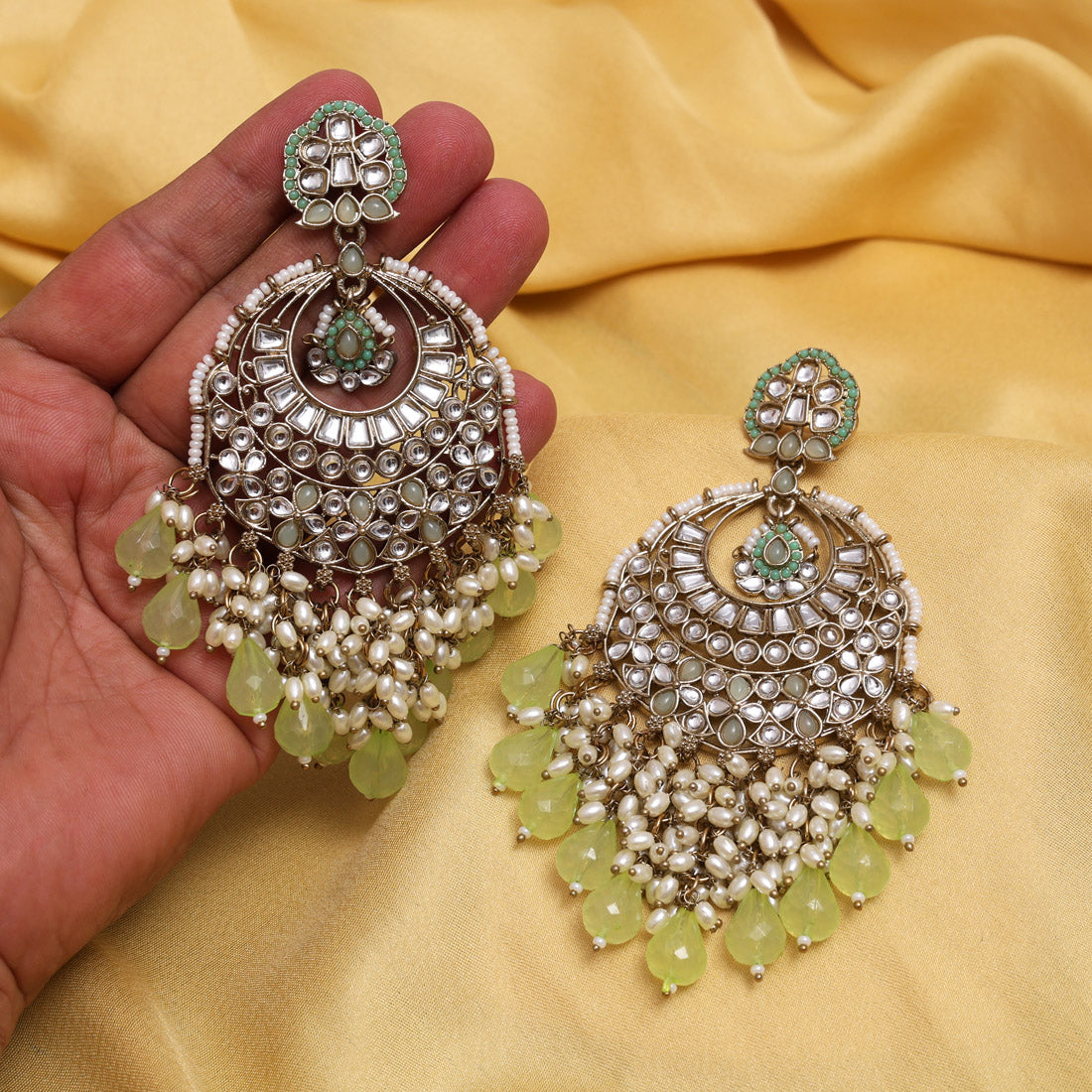 Pista Green Color Kundan Earrings (KDE1006PGRN) Jewellery GetGlit