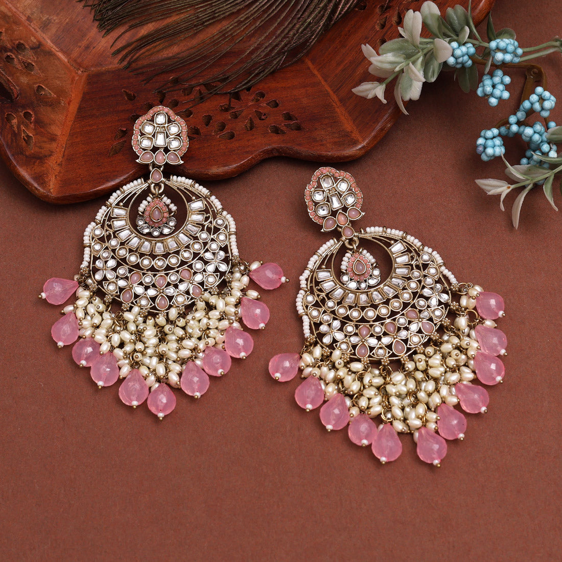 Pink Color Kundan Earrings (KDE1006PNK) Jewellery GetGlit