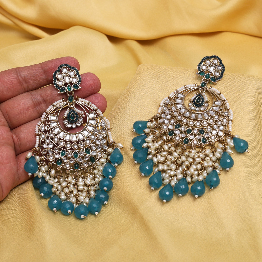 Turquoise Blue Color Kundan Earrings (KDE1006TBLU) Jewellery GetGlit