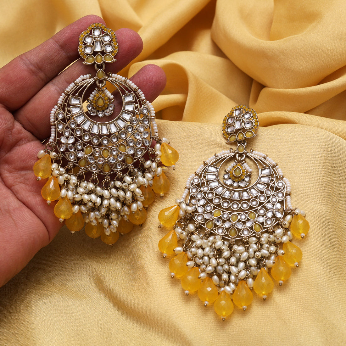 Yellow Color Kundan Earrings (KDE1006YLW) Jewellery GetGlit