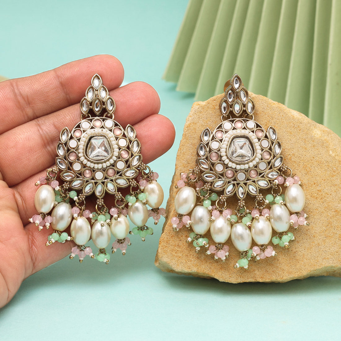 Pink & Pista Green Color Kundan Earrings (KDE1007PNKPGRN) Jewellery GetGlit