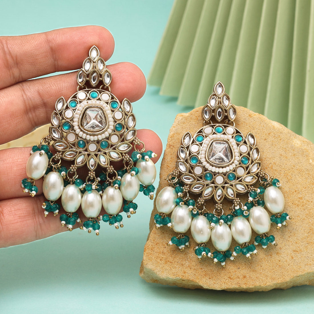 Rama Green Color Kundan Earrings Jewellery GetGlit