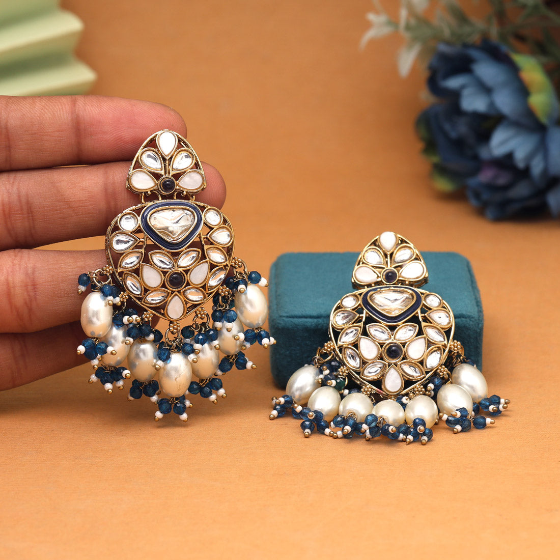 Turquoise Blue Color Kundan Earrings (KDE1008TBLU) Jewellery GetGlit