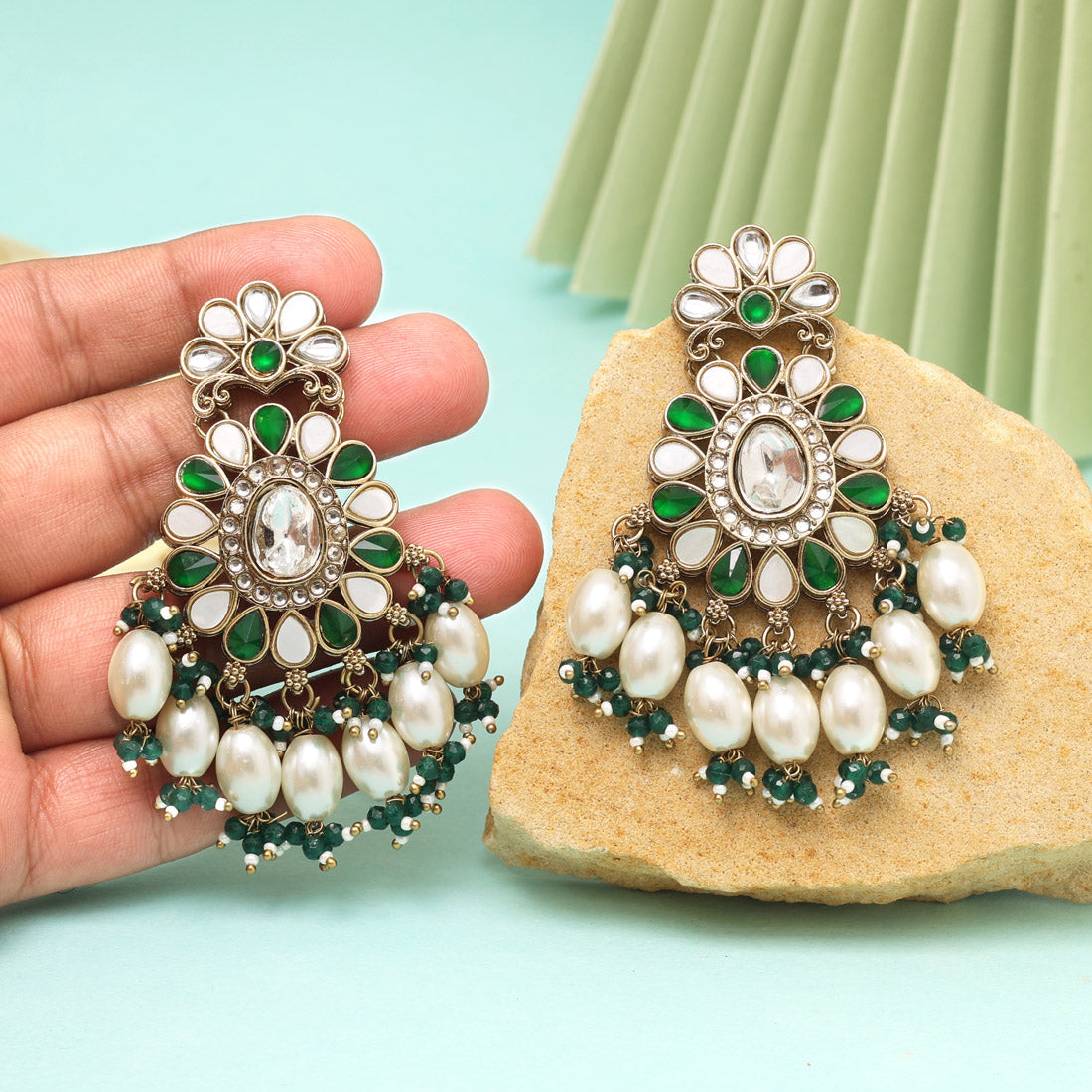 Green Color Kundan Earrings (KDE1010GRN) Jewellery GetGlit