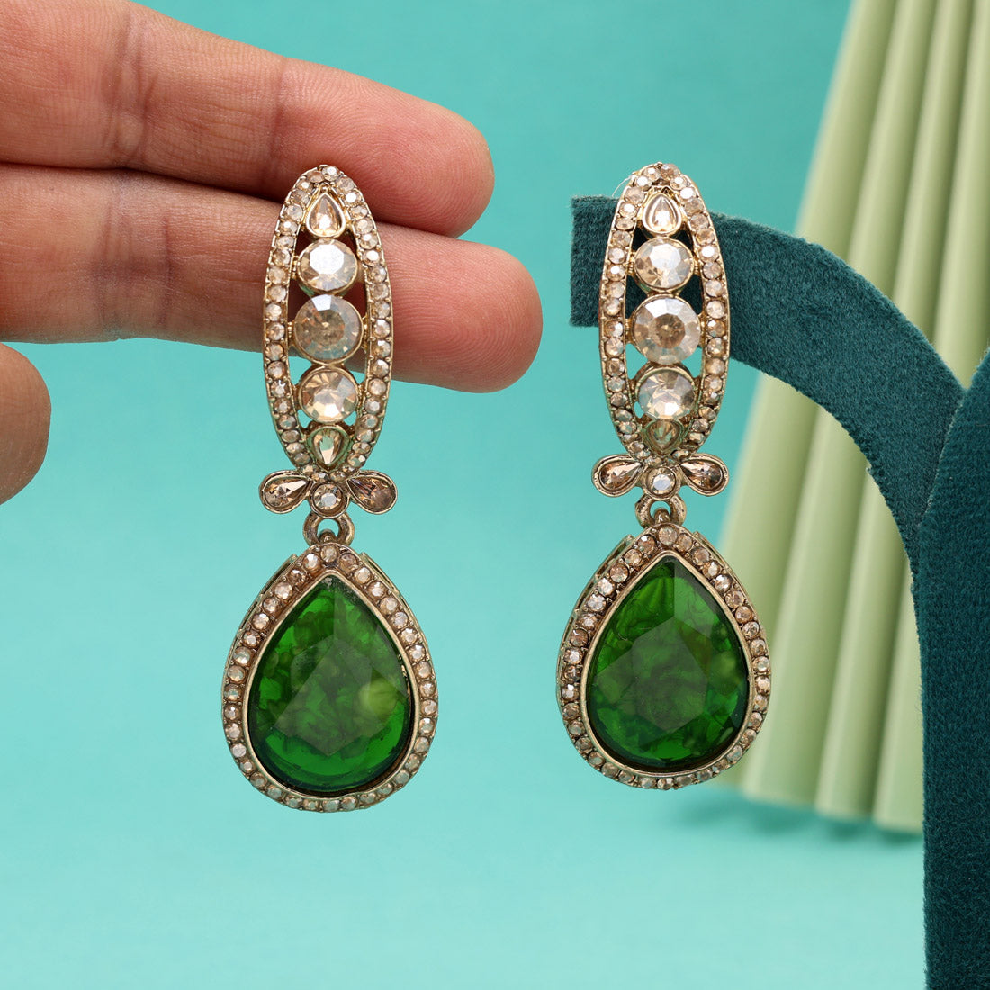 Green Color Kundan Earrings (KDE1013GRN) Jewellery GetGlit