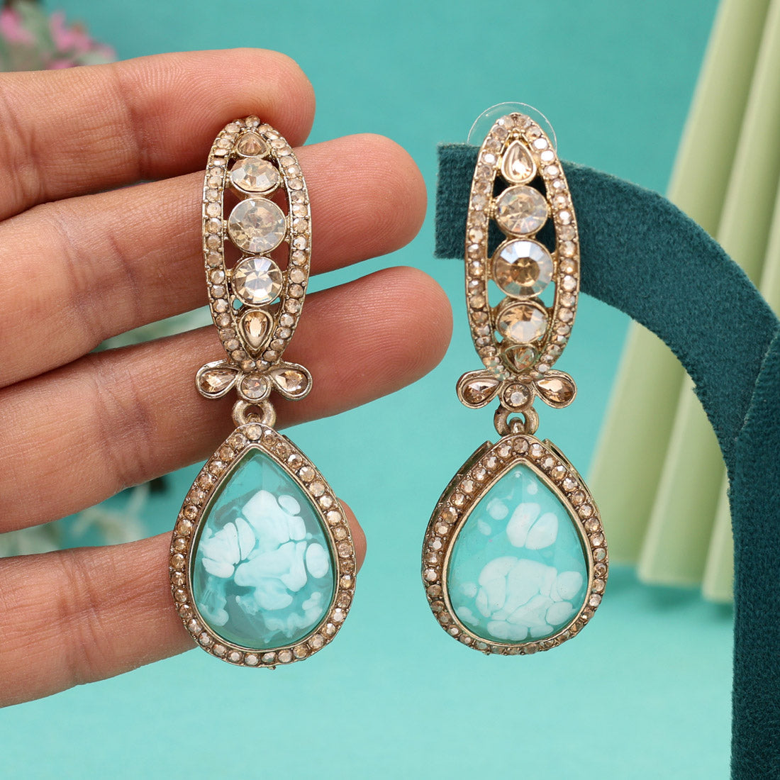 Sky Blue Color Kundan Earrings (KDE1013SBLU) Jewellery GetGlit