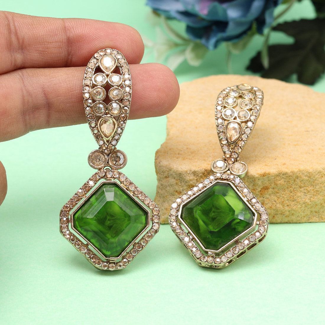 Green Color Kundan Earrings (KDE1014GRN) Jewellery GetGlit