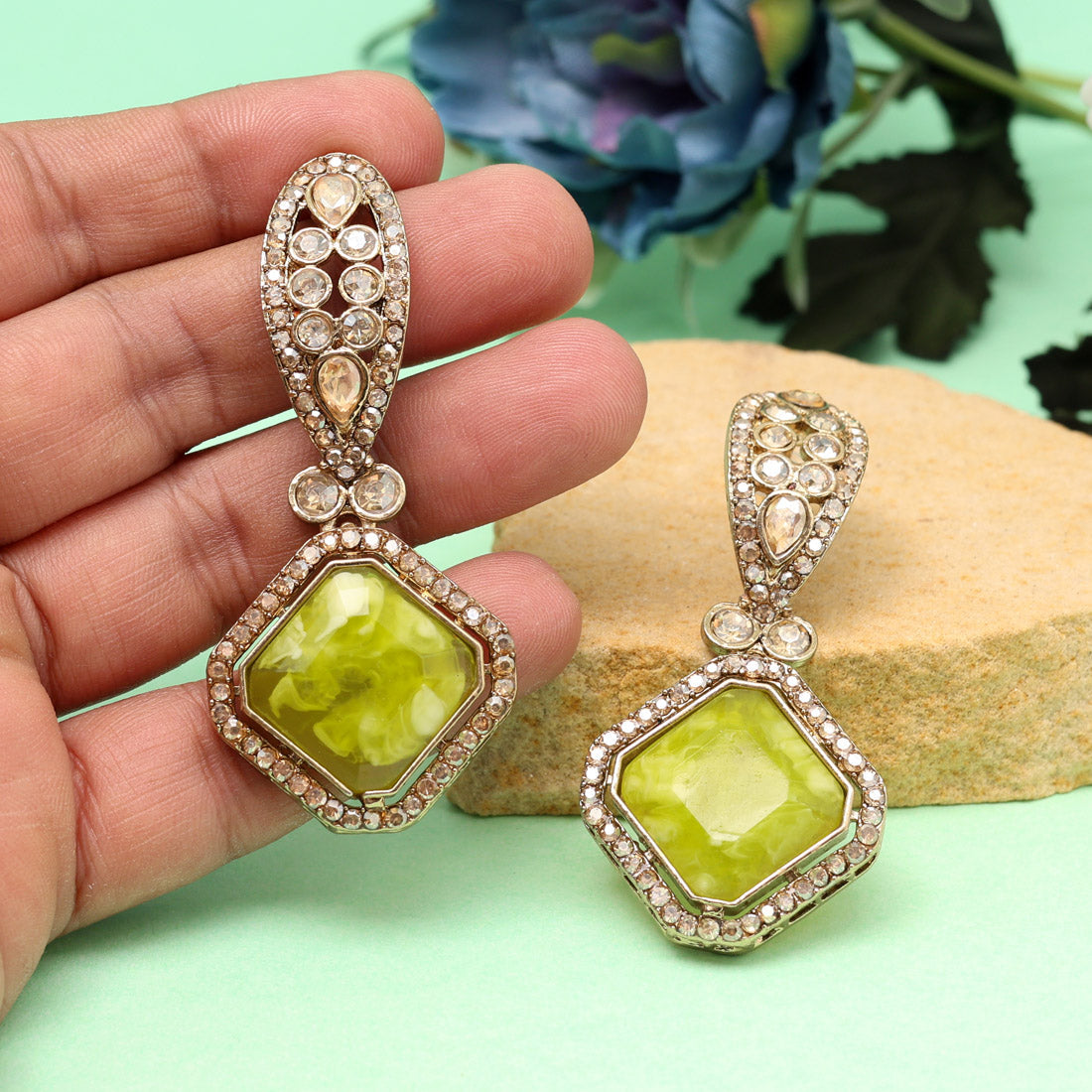 Mustard Yellow Color Kundan Earrings Jewellery GetGlit