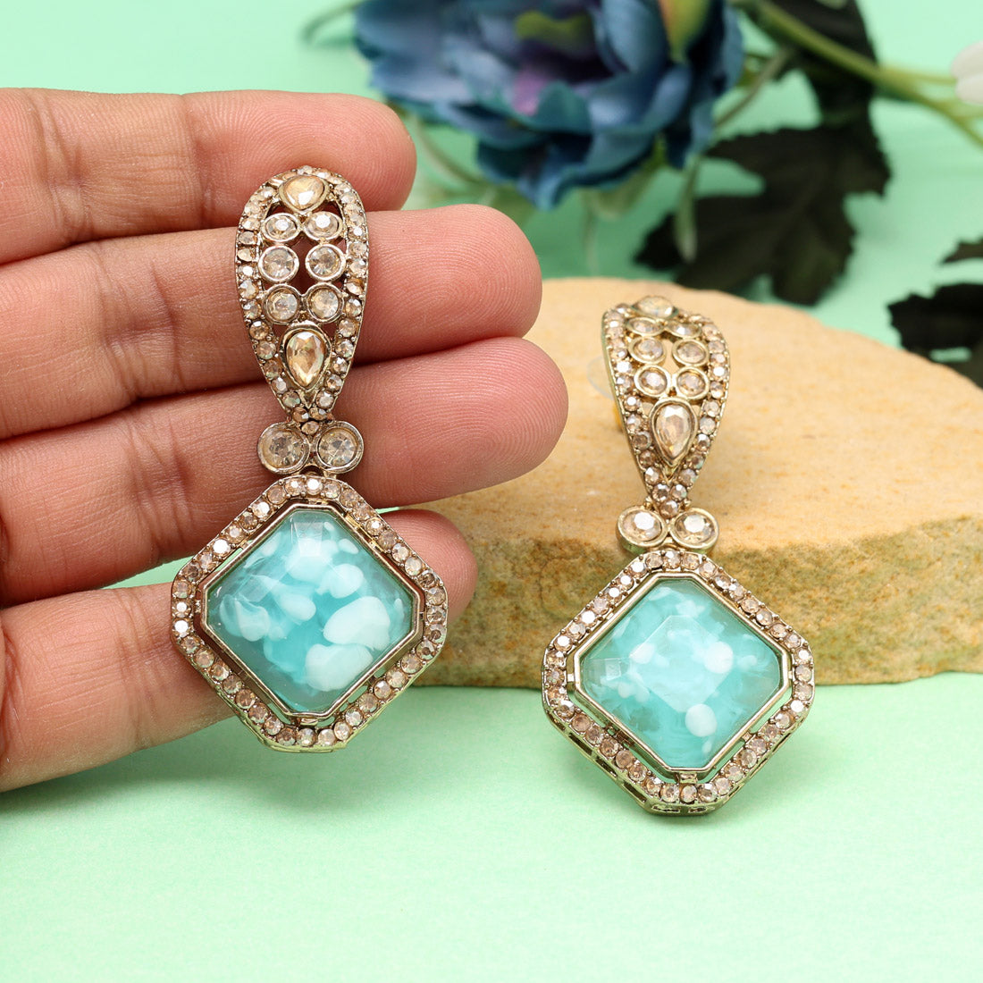 Sky Blue Color Kundan Earrings (KDE1014SBLU) Jewellery GetGlit