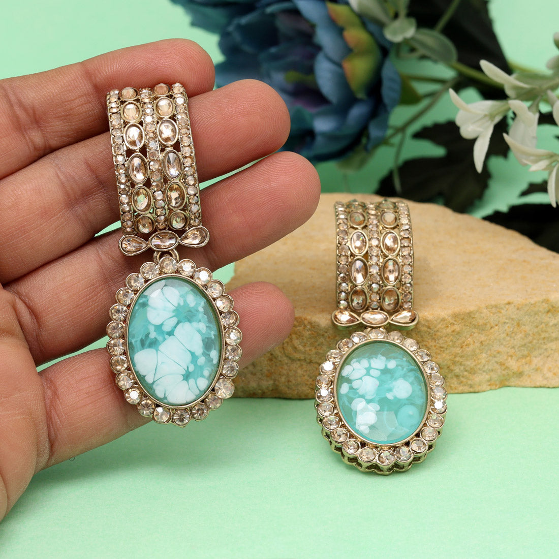Sky Blue Color Kundan Earrings (KDE1015SBLU) Jewellery GetGlit