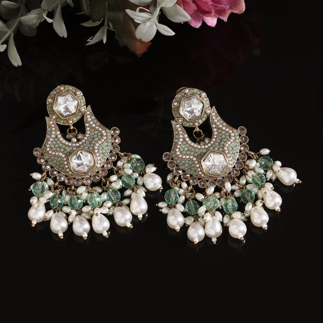 Pista Green Color Pakistani Kundan Earrings Jewellery GetGlit