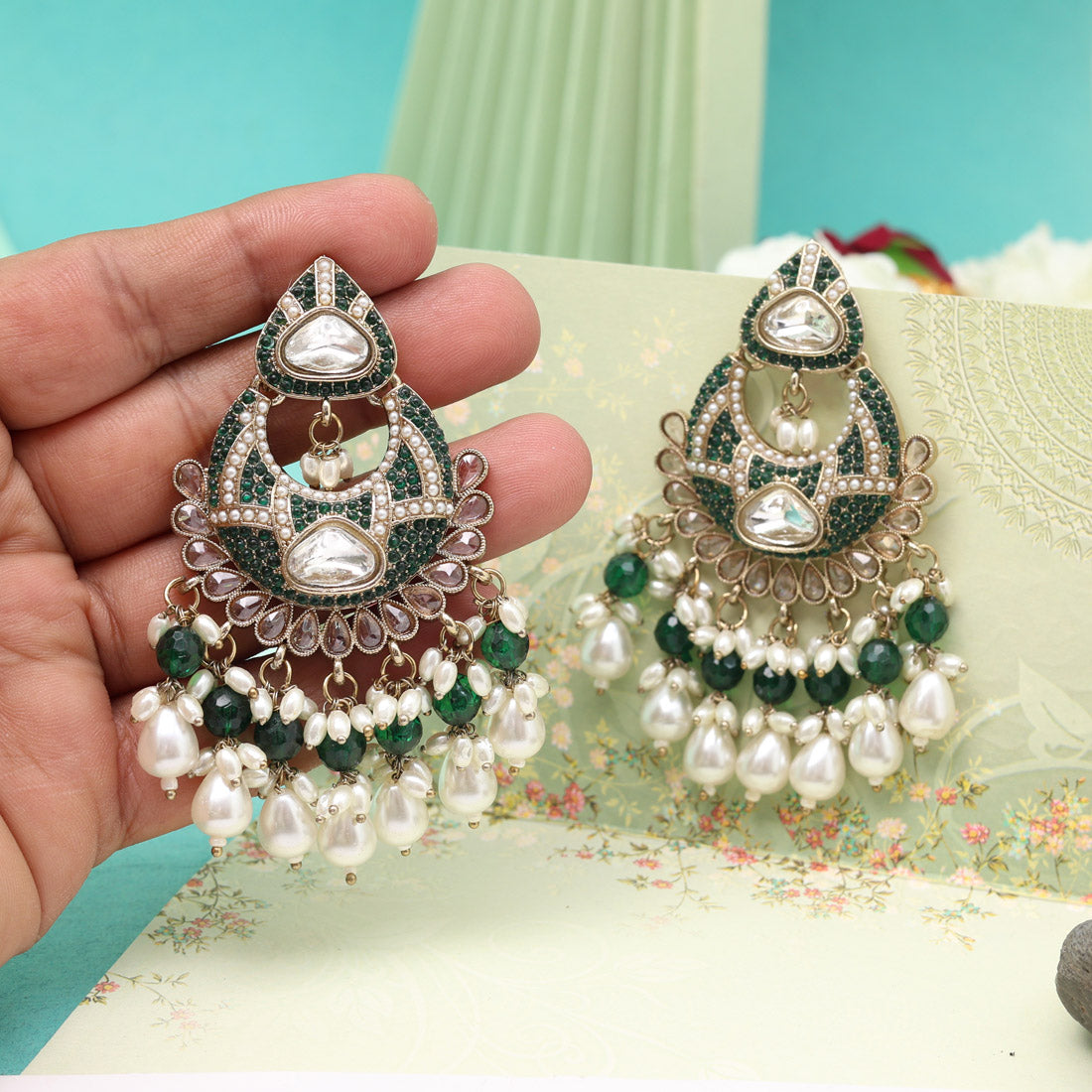Green Color Pakistani Kundan Earrings (KDE1017GRN) Jewellery GetGlit