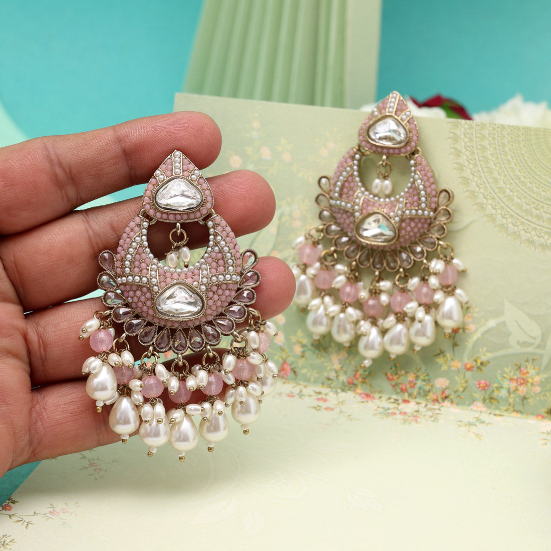 Light Pink Color Pakistani Kundan Earrings (KDE1017LPNK) Jewellery GetGlit