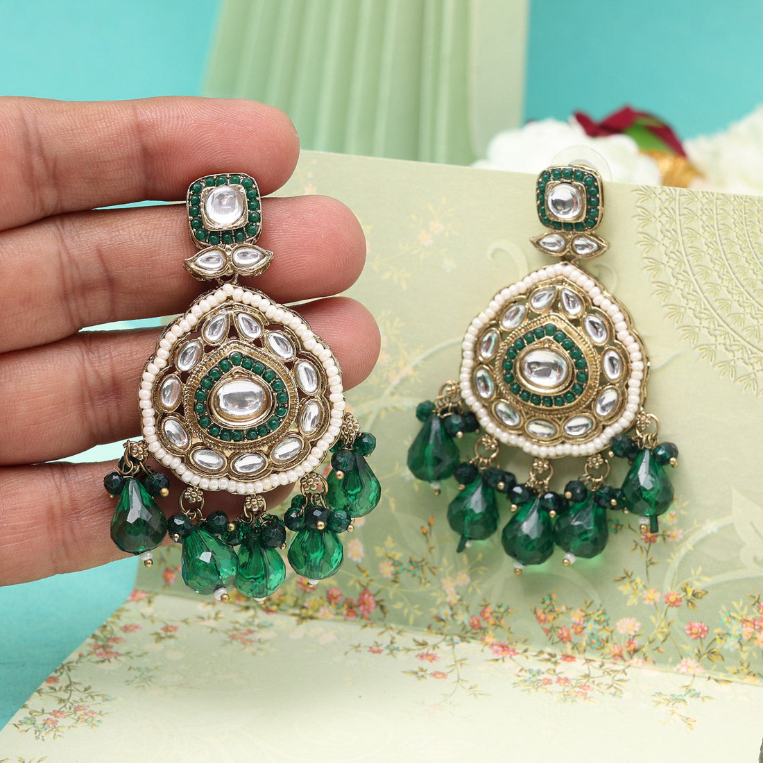 Green Color Kundan Earrings (KDE1018GRN) Jewellery GetGlit