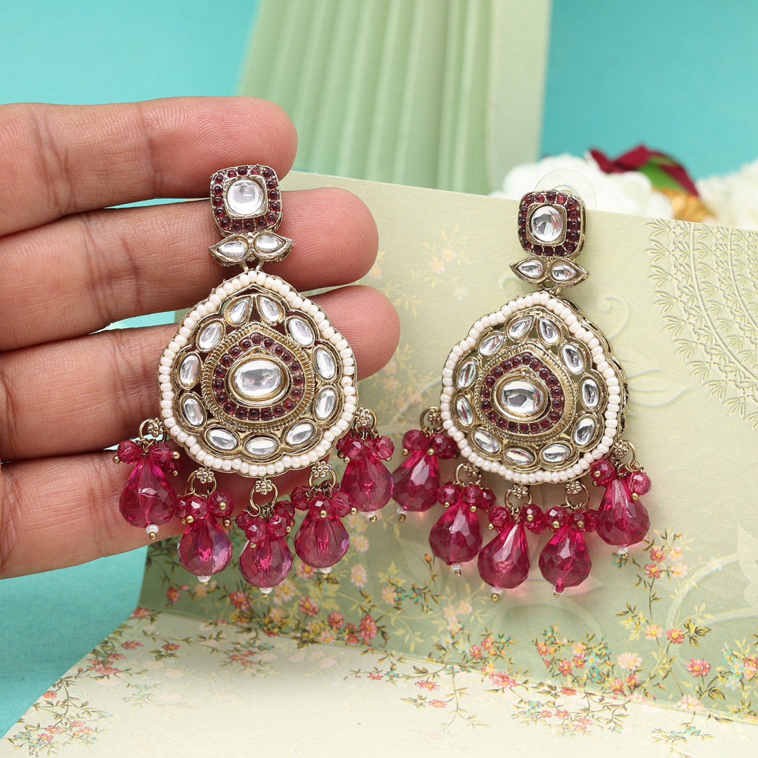 Magenta Color Kundan Earrings (KDE1018MNT) Jewellery GetGlit