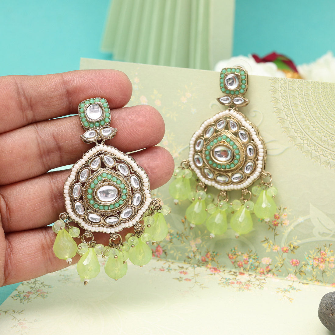 Pista Green Color Kundan Earrings (KDE1018PGRN) Jewellery GetGlit
