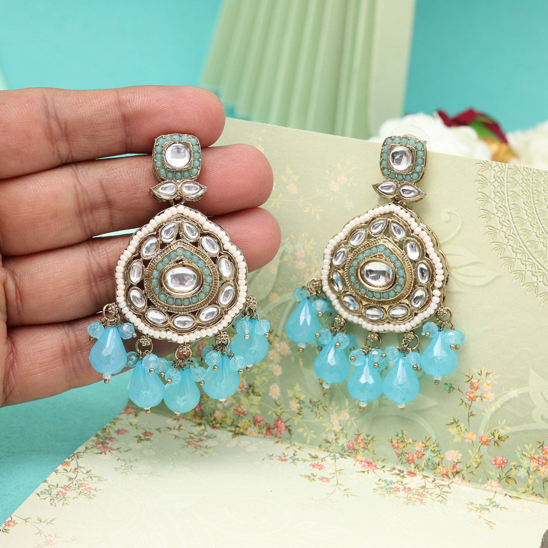 Sky Blue Color Kundan Earrings (KDE1018SBLU) Jewellery GetGlit