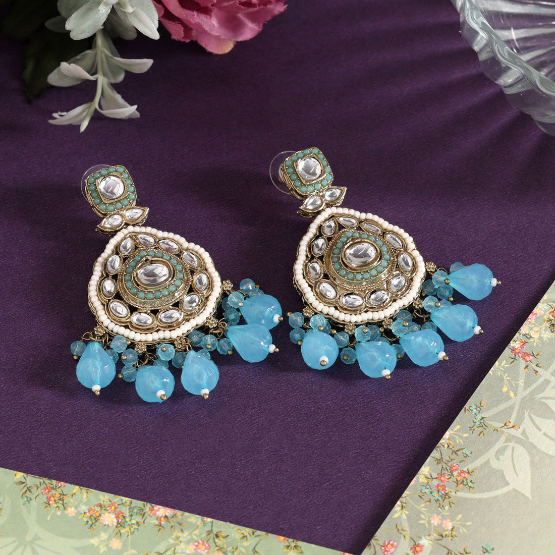 Sky Blue Color Kundan Earrings (KDE1018SBLU) Jewellery GetGlit