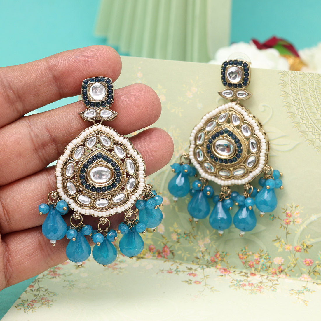 Turquoise Blue Color Kundan Earrings (KDE1018TBLU) Jewellery GetGlit