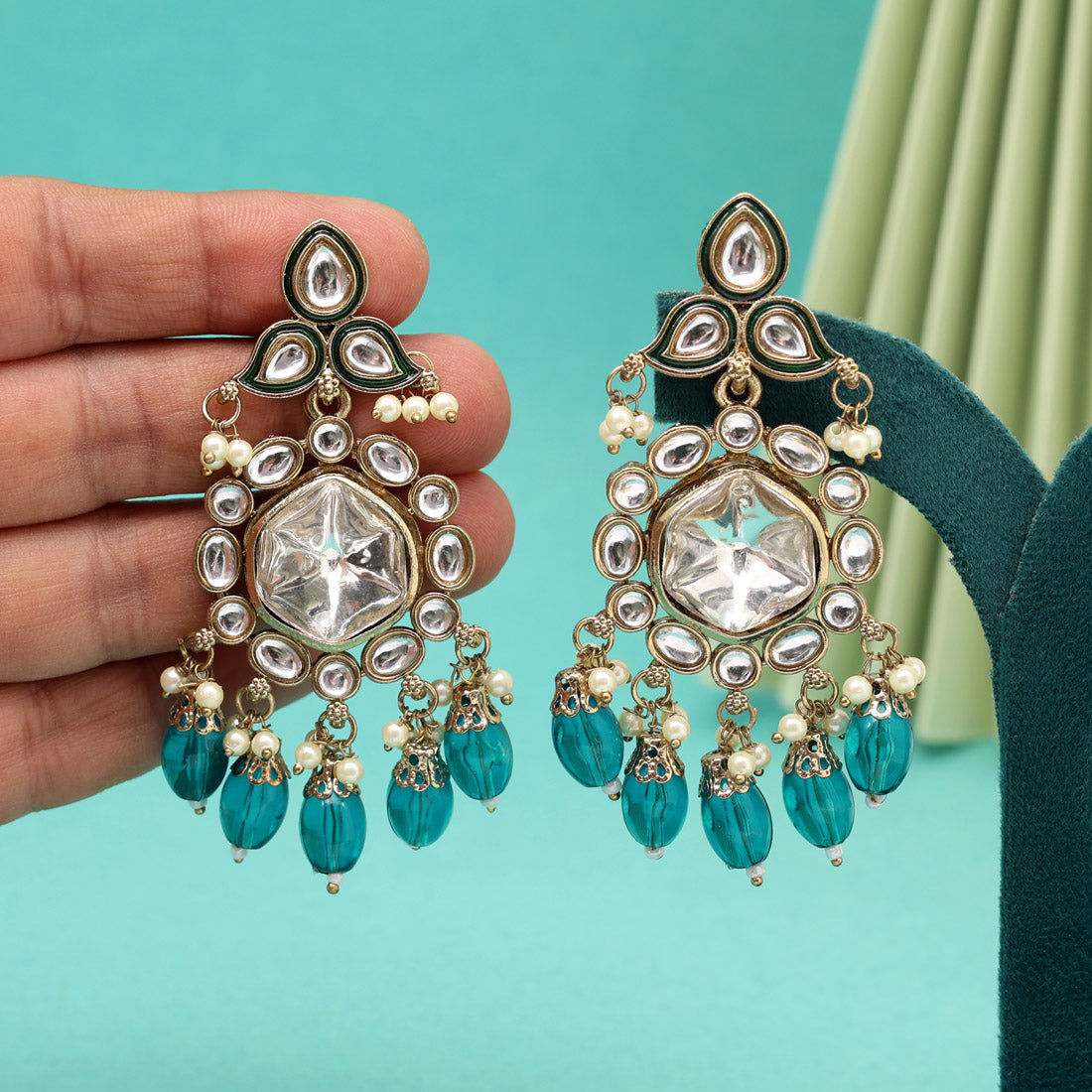 Turquoise Blue Color Kundan Earrings (KDE1019TBLU) Jewellery GetGlit