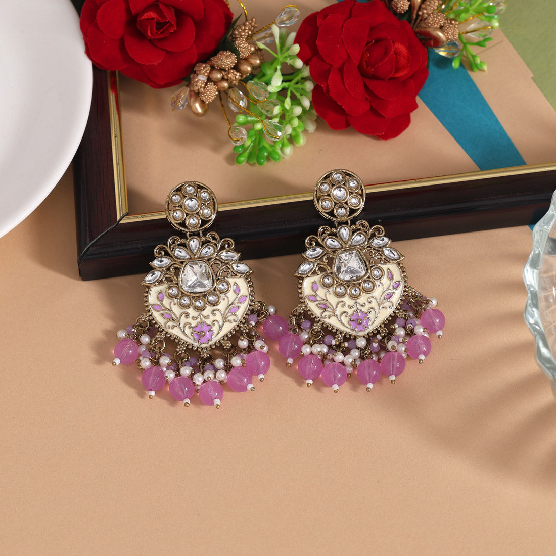 Light Purple Color Meena Work Kundan Earrings Jewellery GetGlit